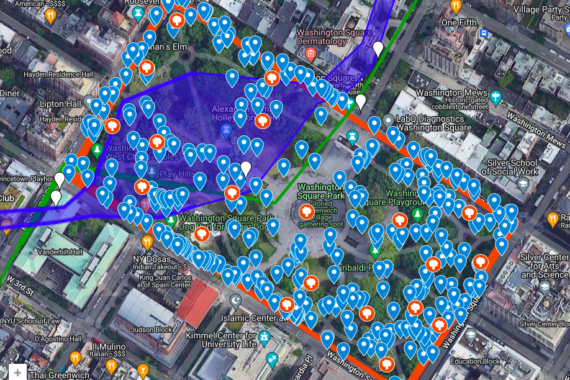 A map of tree canopy and the flow of Minetta Brook in/through Washington Square Park in NYC