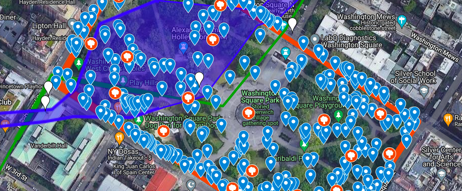 A map of tree canopy and the flow of Minetta Brook in/through Washington Square Park in NYC