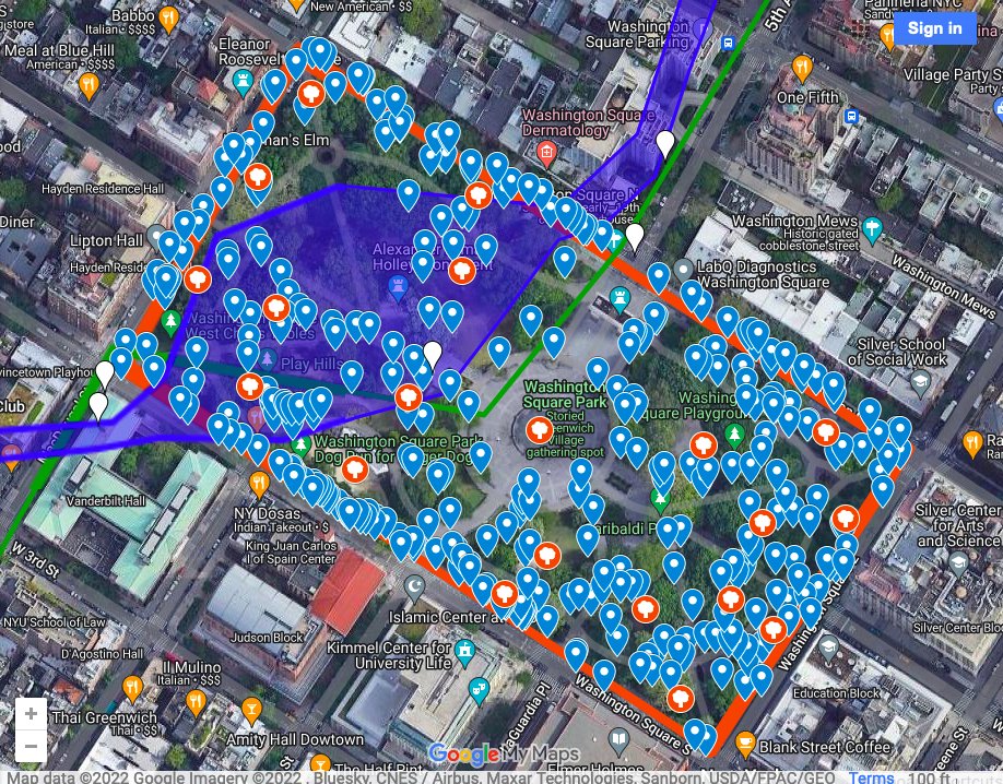 Screenshot of a map of park trees, sidewalk trees, and Minetta Brook in Washington Square Park.