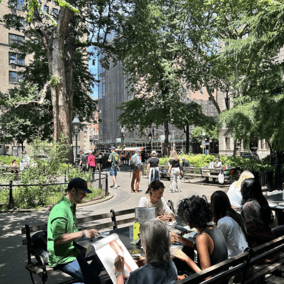 A session of Tree Wonder Washington Square Park. People gathered to draw the English Elm, the oldest tree in Manhattan.