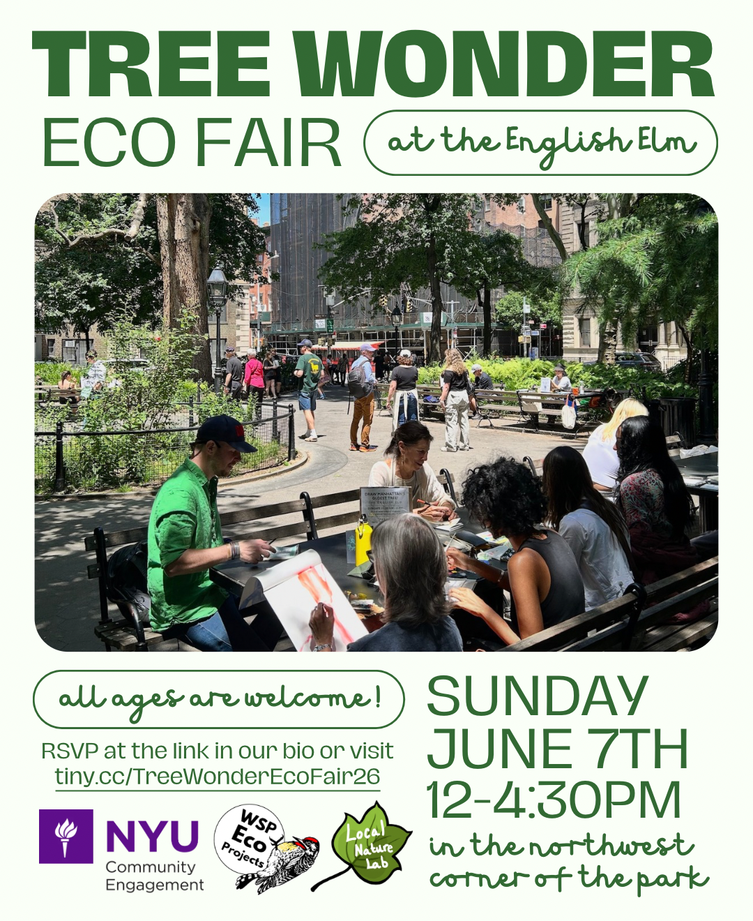 You're invited to the Tree Wonder Eco Fair on June 7, 2026, 12-4:30 PM. RSVP: tiny.cc/TreeWonderEcoFair26