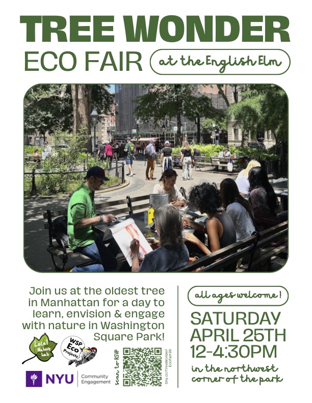 Flyer announcing the Tree Wonder Eco Fair in Washington Square Park on April 25, 20206, 12-4:30 PM. Register at tiny.cc/TreeWonderEcoFair26